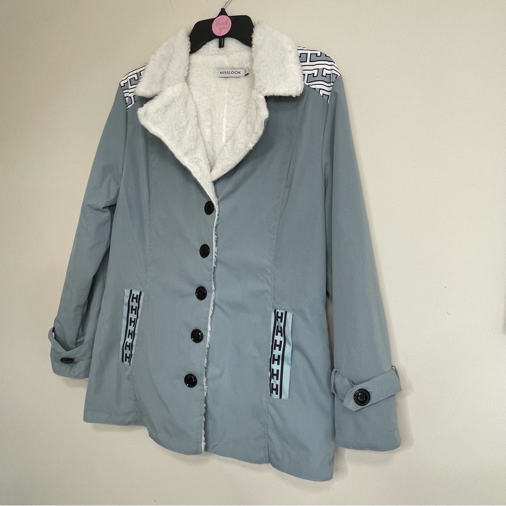 MISSLOOK Slate Blue Women's White Sherpa Lined Jacket~ Size Small ~ Warm & Cozy